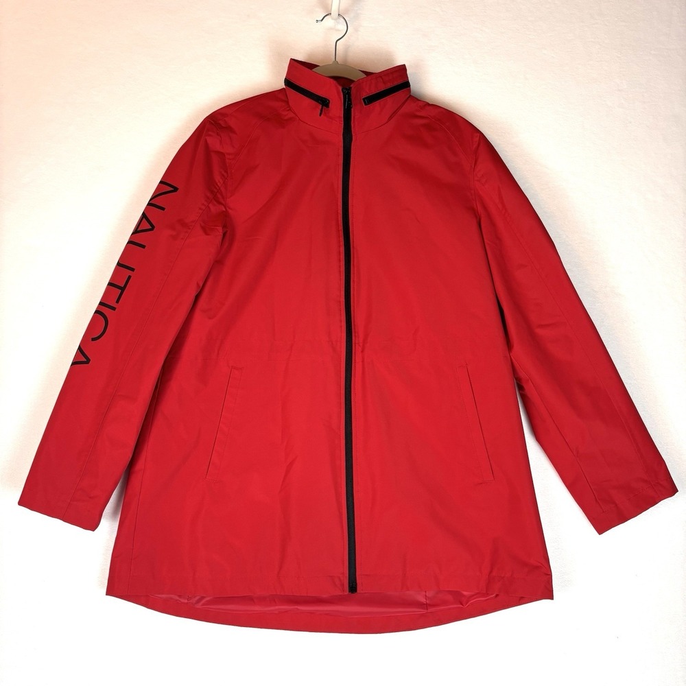Nautica Women's Red Rain Jacket Coat XL Water Resistant Adjustable Hidden Hood
